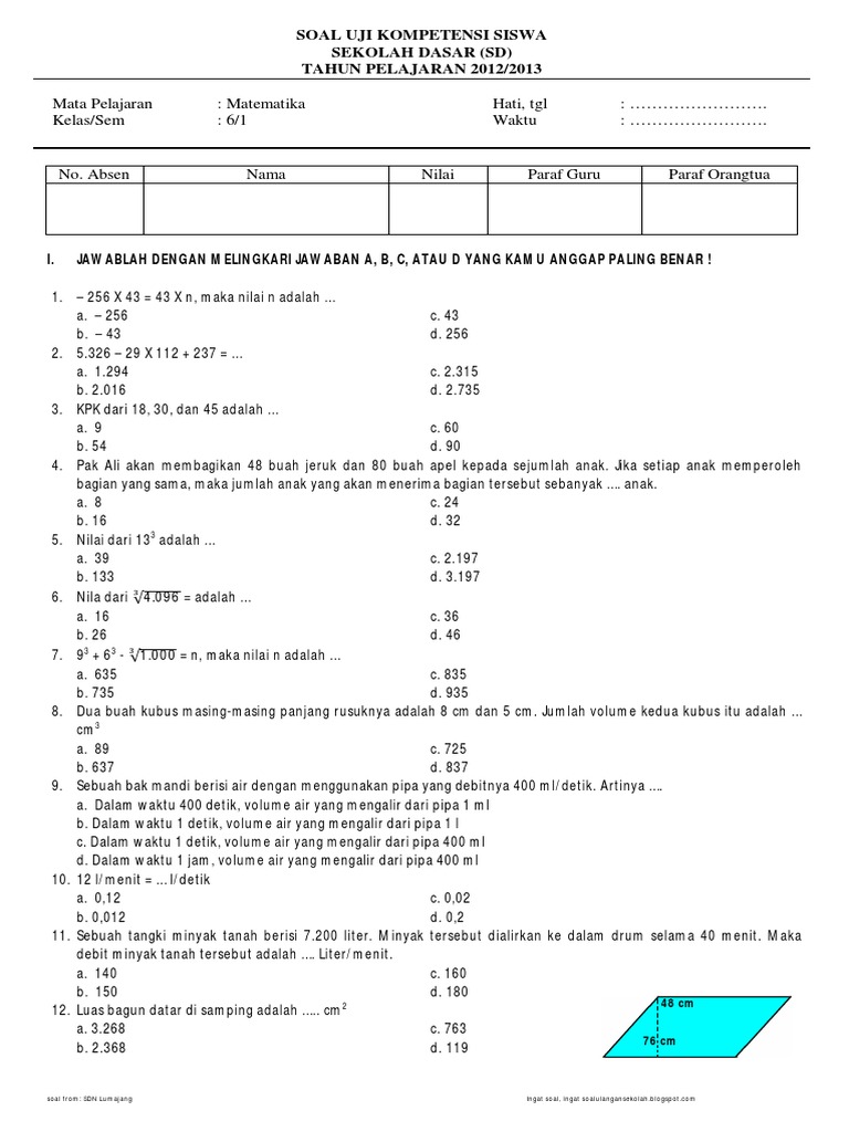 Soal Uts Matematika Kelas 1 Semester 2 - Piffle me