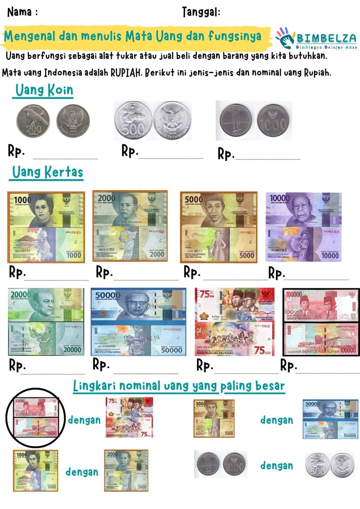 Worksheet Mengenal Mata Uang Rupiah - Untuk TK dan SD Kelas 1