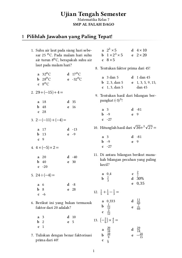 Bocoran 10 Soal Matematika SMP Kelas 7 Semester 2 dan Jawabannya Agar Nilai Ujian Meroket