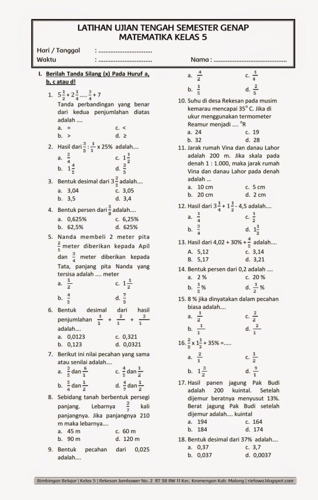 Ternyata 20 Soal PTS Matematika Kelas 5 Semester 2 dan Kunci Jawaban yang Wajib Tahu