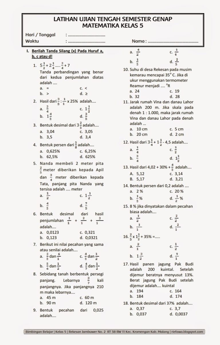 Ternyata 20 Soal PTS Matematika Kelas 5 Semester 2 dan Kunci Jawaban yang Wajib Tahu