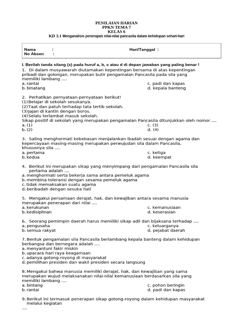 Soal Tematik Kelas 6 Tema 7 Mapel PPKn PDF