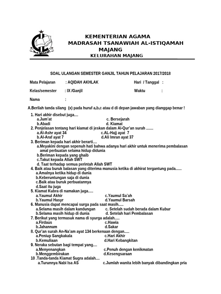 Soal Ulangan Aqidah Akhlak Kelas IX PDF