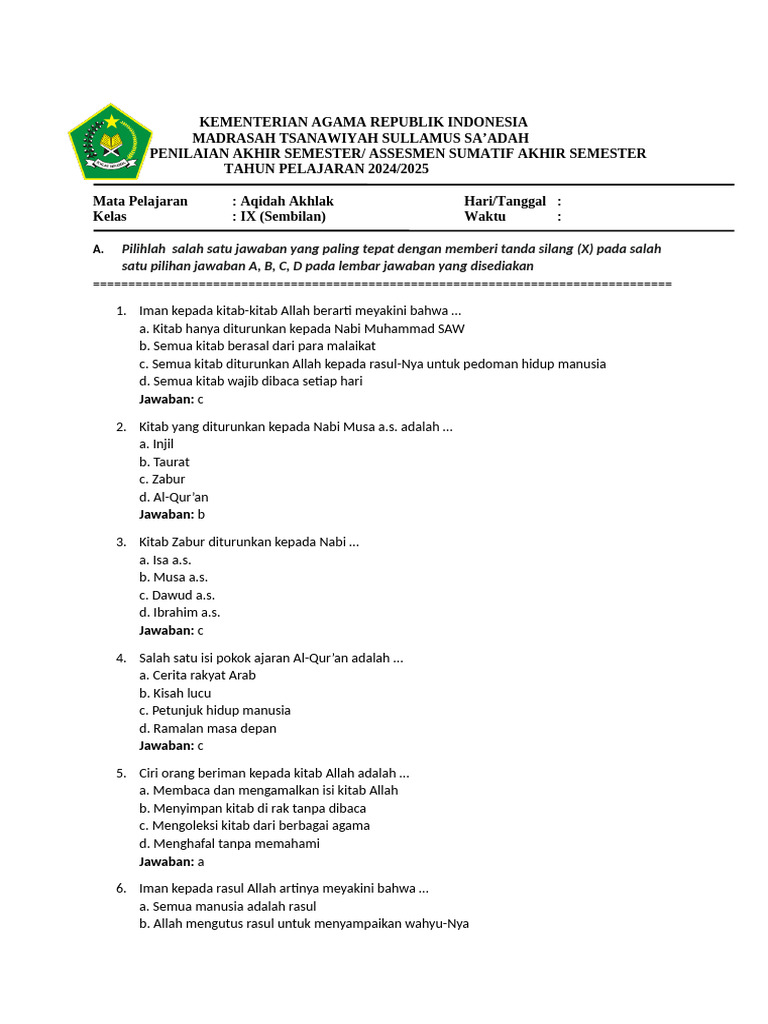 5 Soal Akidah Akhlak Kelas 9 Semester 1 dan Kunci Jawaban Terbaru 2026