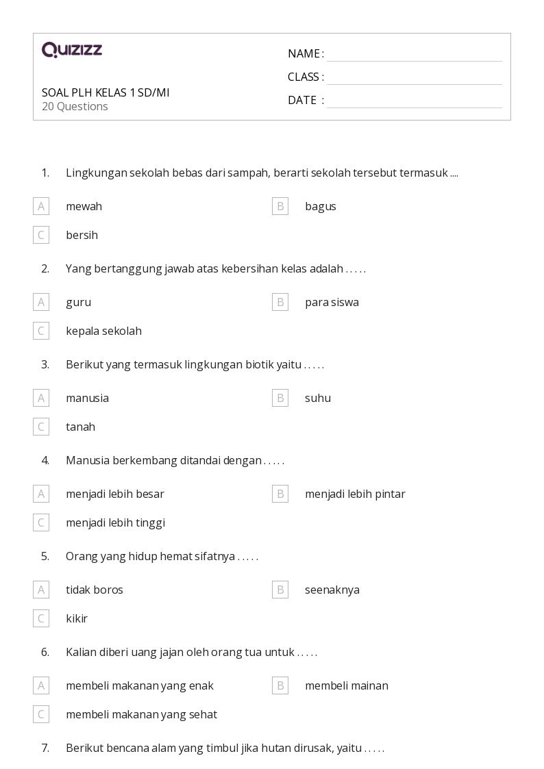 50 lembar kerja Aktivitas Alam untuk Kelas 1 di Quizizz Gratis