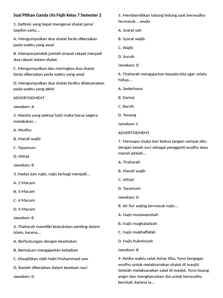 Soal UTS Fiqih Kelas 7 Semester 2 PDF