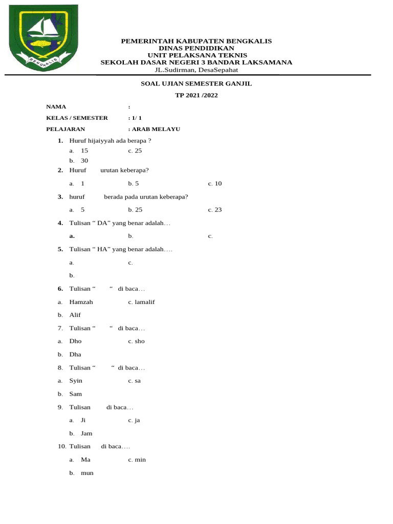 Soal Ujian Arab Melayu Kelas 1 PDF Soal Ujian Arab Melayu Kelas 1 PDF