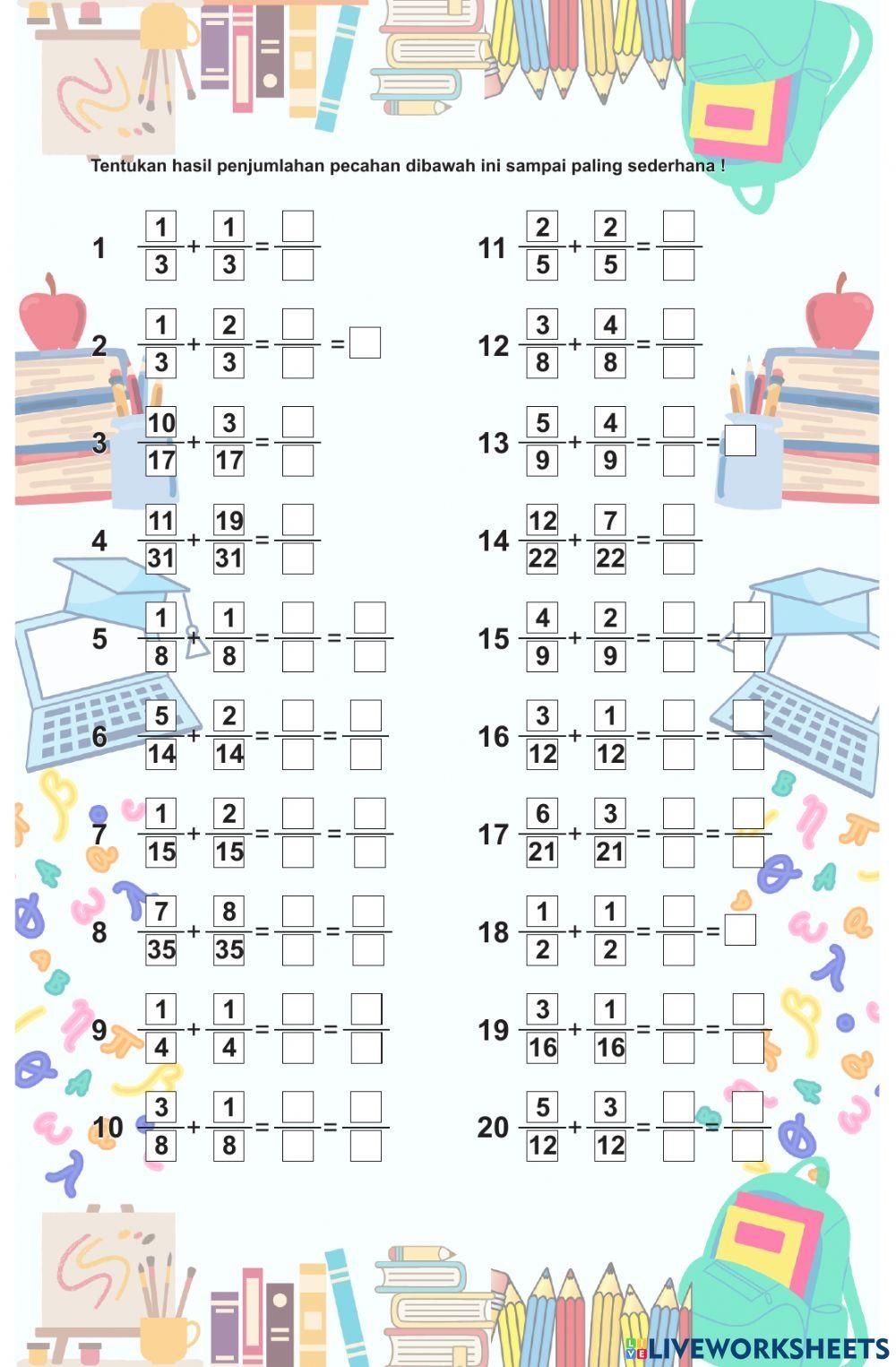 Matematika Pecahan online worksheet Colorful fraction math worksheet