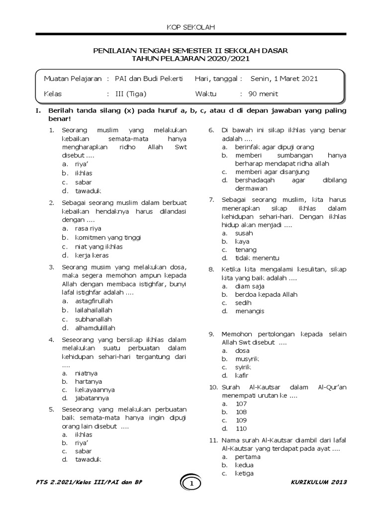 7 Soal Agama Islam Kelas 3 SD K13 UTS Semester 2 yang Sering Muncul dan Wajib Dipelajari Sebelum Terlambat 7 Soal Agama Islam Kelas 3 SD K13 UTS Semester 2 yang Sering Muncul dan Wajib Dipelajari Sebelum Terlambat