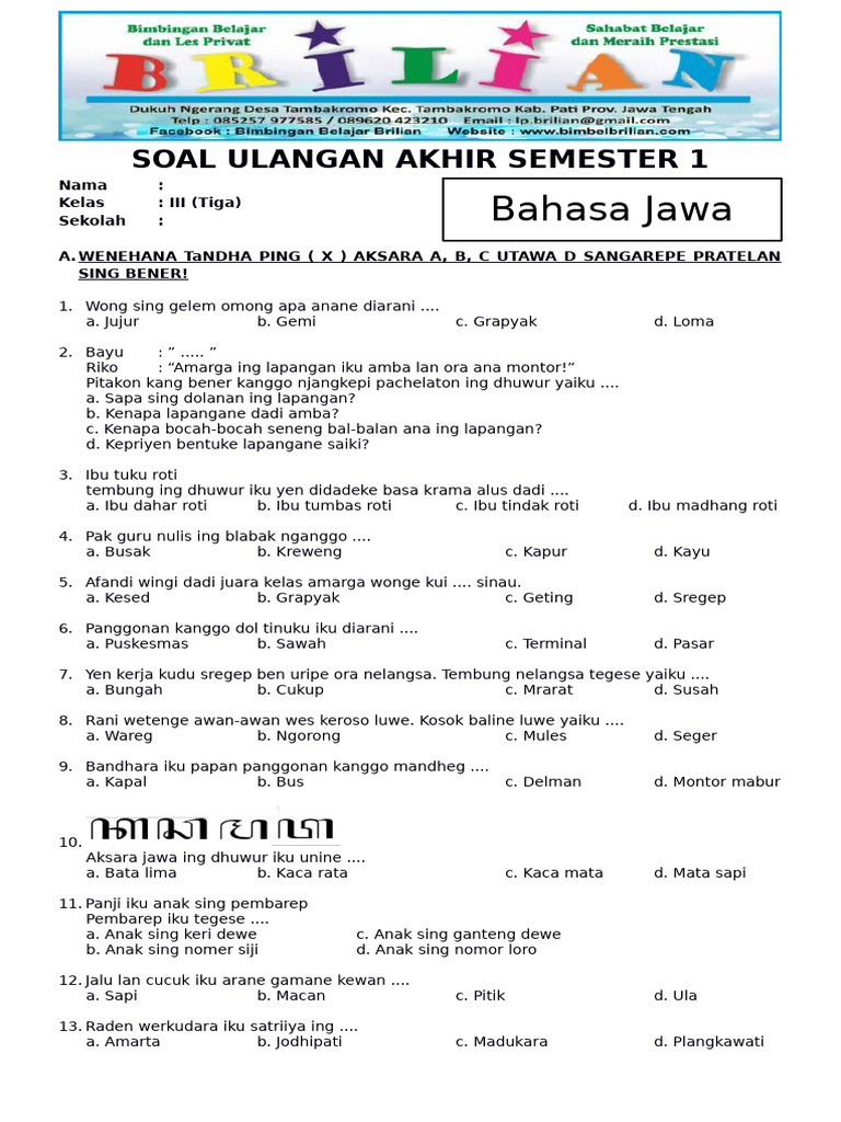 Kisi-Kisi Soal UAS Bahasa Jawa Kelas 3 Semester 1: 7 Materi Wajib Dikuasai Sebelum Ujian Tiba
