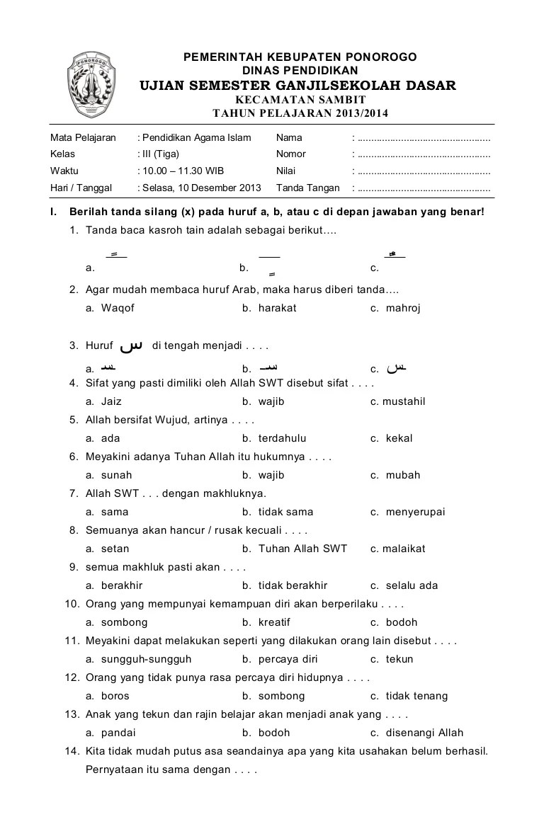 Rahasia Soal Agama Islam Kelas 3 SD Semester 1 Kurikulum 2013 yang Jarang Diketahui