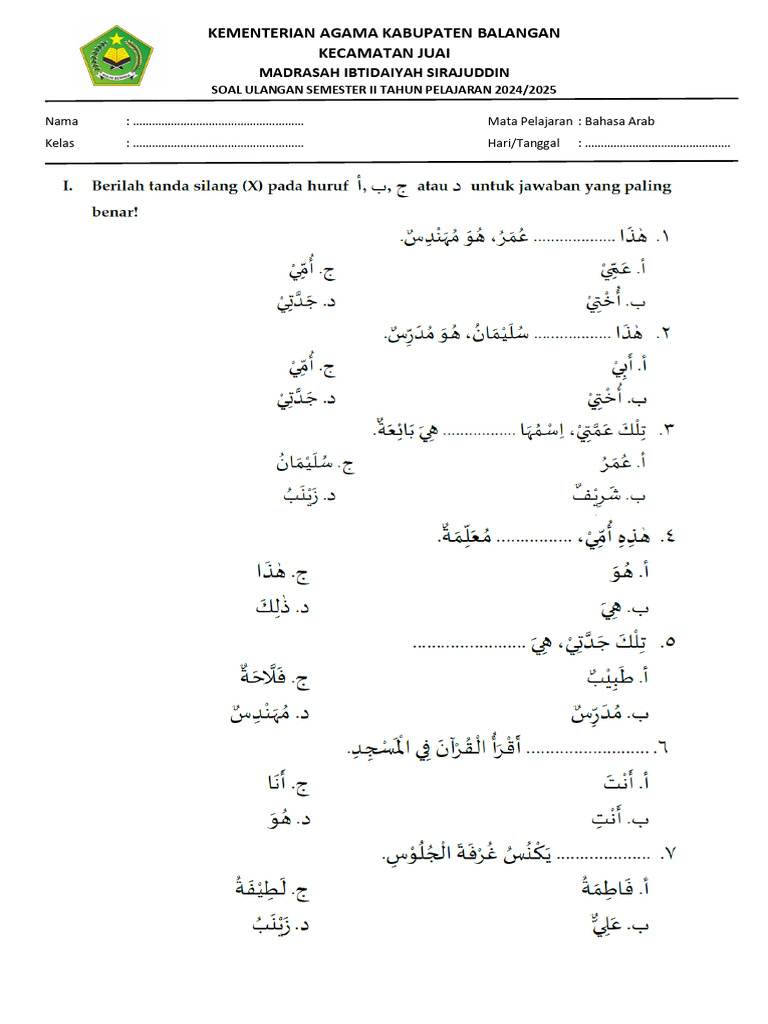 Ternyata Ini Bocoran Soal Bahasa Arab Kelas 4 MI Semester 1 yang Paling Akurat