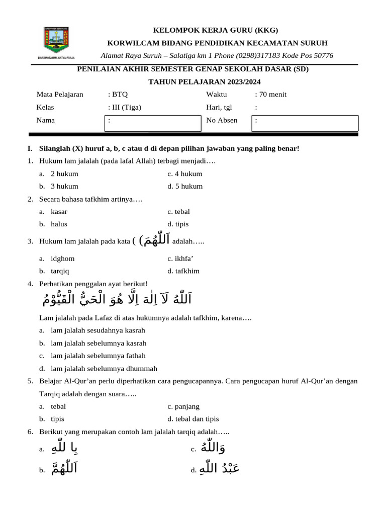 Wajib Tahu! Kumpulan Latihan Soal BTQ Kelas 3 Semester 2 Agar Nilai Ujian Langsung Melejit Wajib Tahu! Kumpulan Latihan Soal BTQ Kelas 3 Semester 2 Agar Nilai Ujian Langsung Melejit