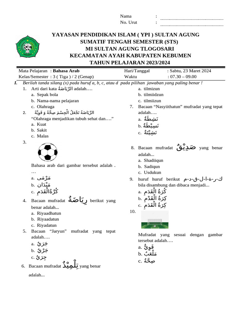 Wajib Tahu Kumpulan soal bahasa arab kelas 3 mi semester 1 tahun 2017 Terbaru